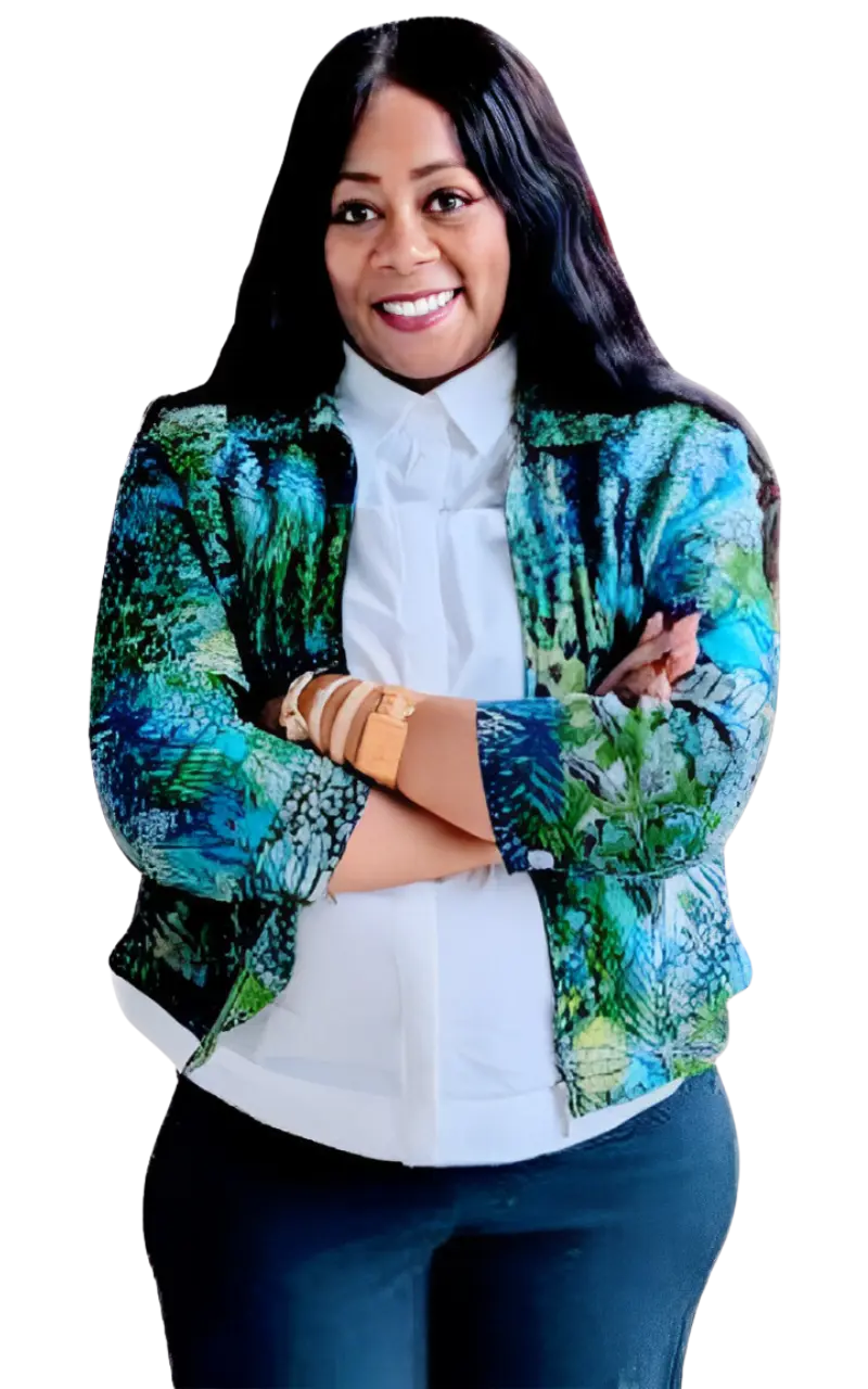 In her Eagle Home Partners attire, Velody Foye-Byrd confidently poses with arms crossed, embodying her passion for helping homeowners navigate the complexities of real estate.