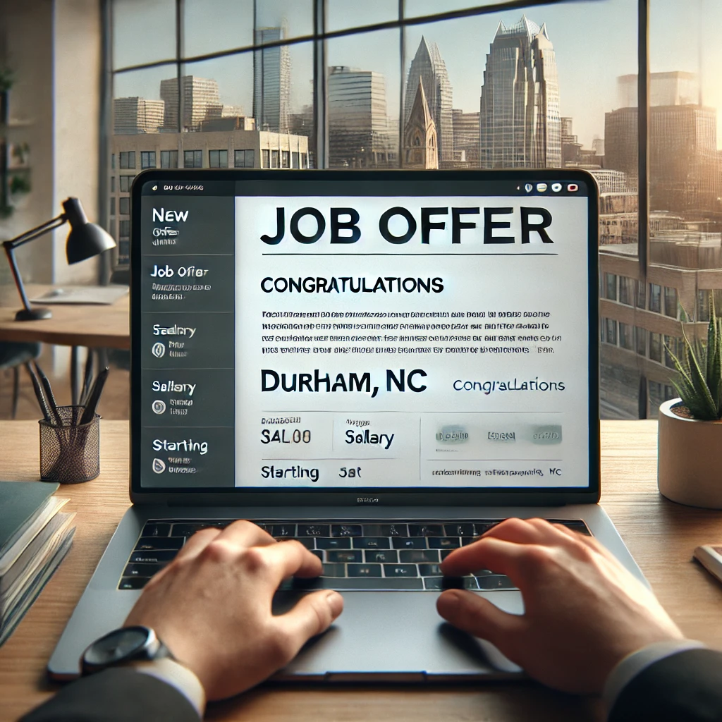 DALL·E 2024-10-03 14.37.57 - A realistic image of a new job offer email on a laptop screen specifically mentioning Durham, NC. The email is professionally formatted with a 'Congra New Job Offer In Durham, NC