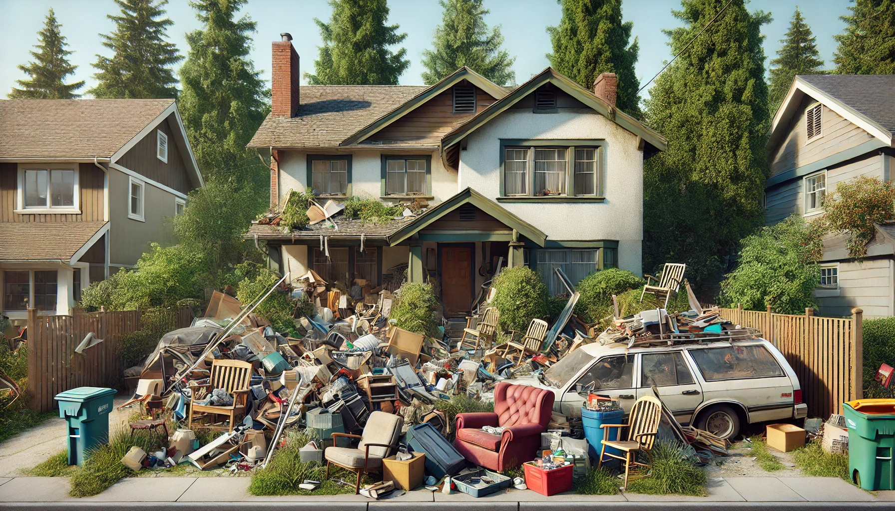 Hoarder house in a North Carolina neighborhood with heavy clutter, debris, and visible exterior damage prior to sale