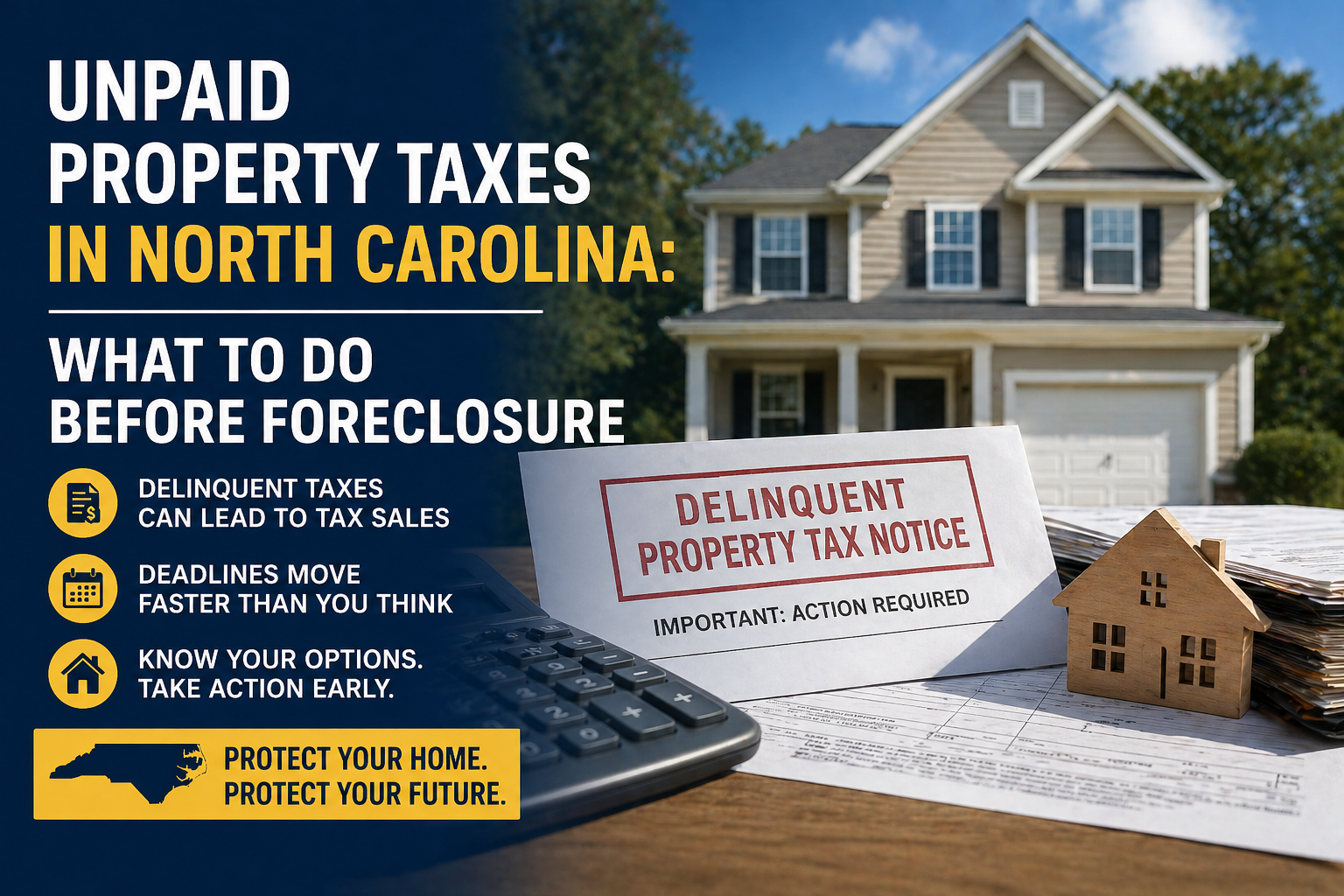 Unpaid property tax notice with North Carolina home showing foreclosure risk and homeowner options