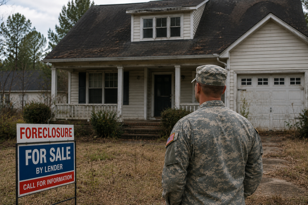 Military homeowner standing outside a foreclosed house in Fayetteville NC during financial hardship and relocation stress.