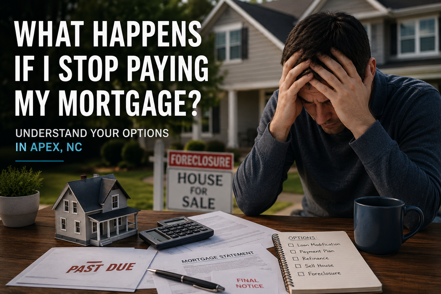 Homeowner in Apex NC stressed about missed mortgage payments and possible foreclosure while reviewing financial documents.