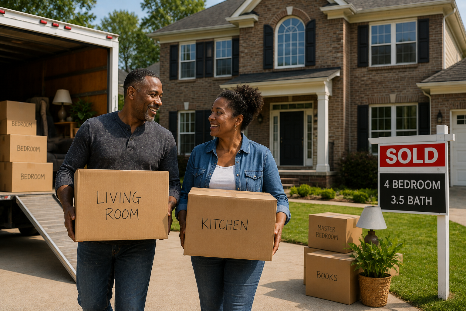 Black couple in their 50s moving out of a large four-bedroom home while downsizing to a smaller property in Asheboro NC.