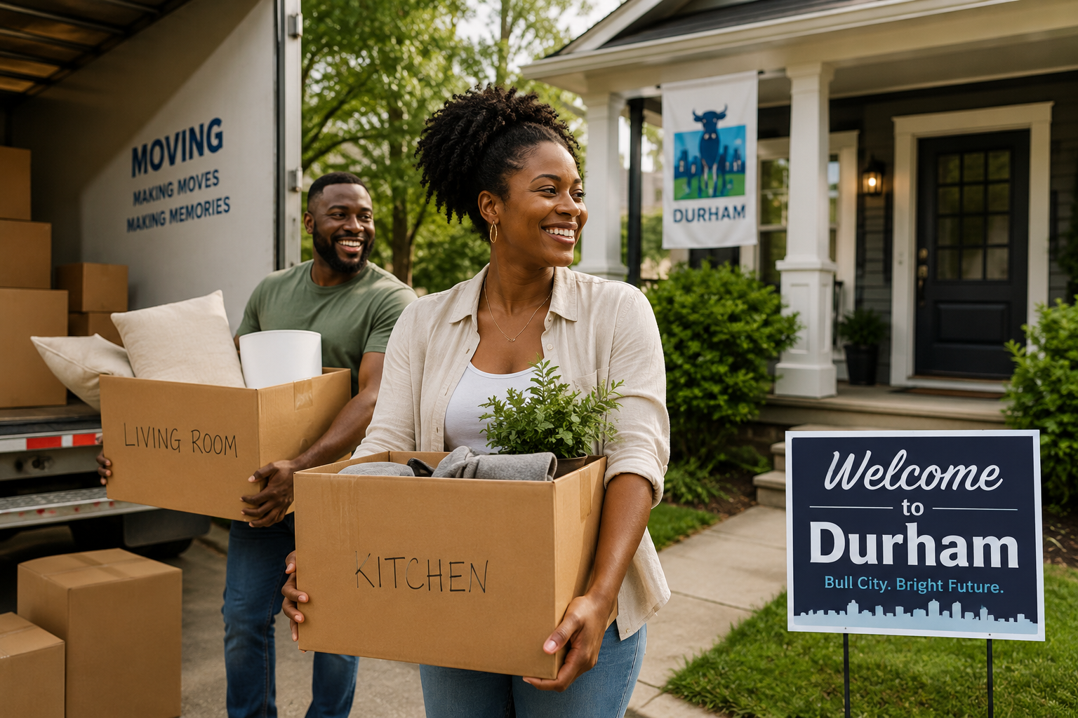 Black couple moving into a new home in Durham NC while unloading boxes during a job relocation from Texas.