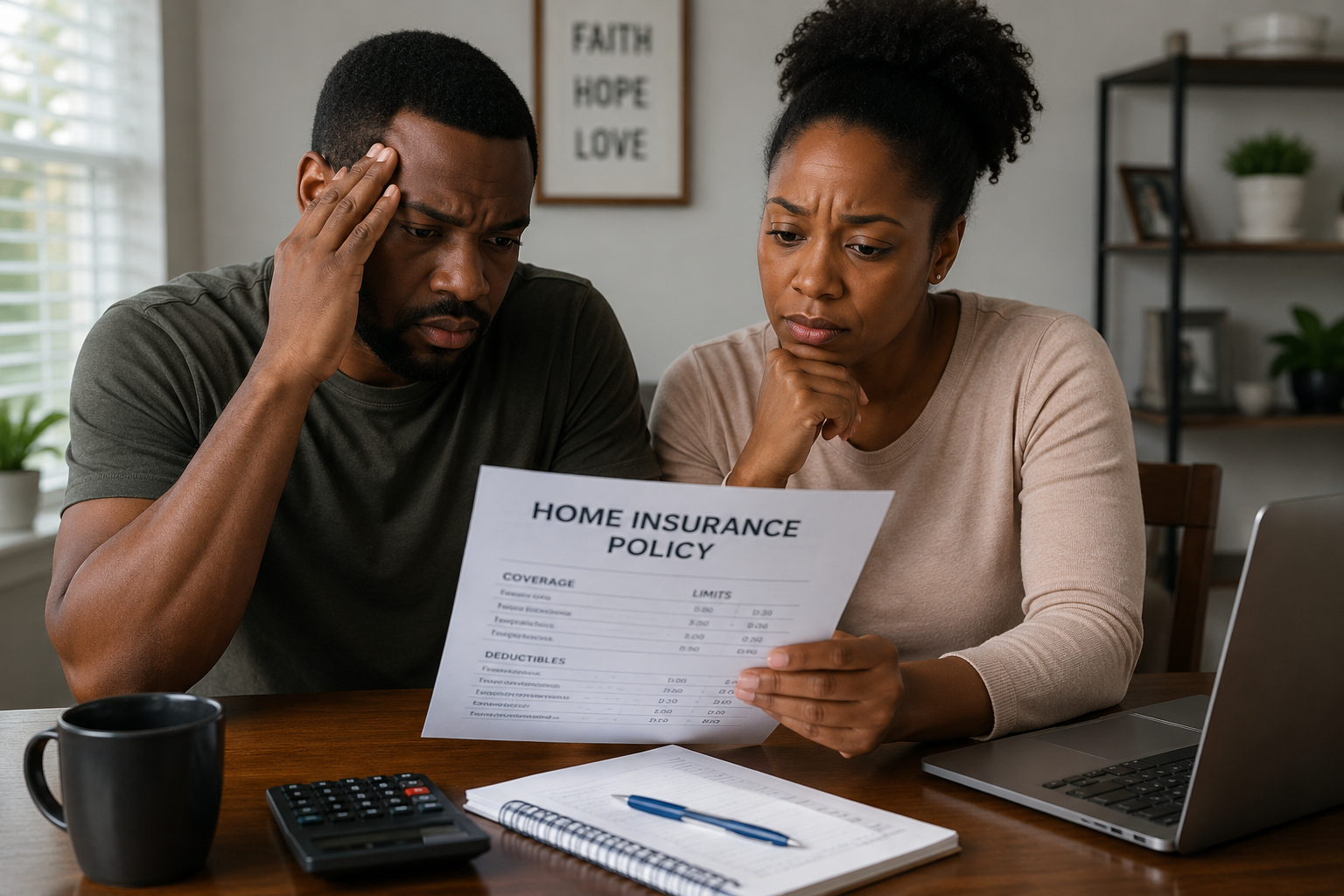 Black couple reviewing home insurance policy at dining table while discussing rising insurance costs in New Bern, NC.