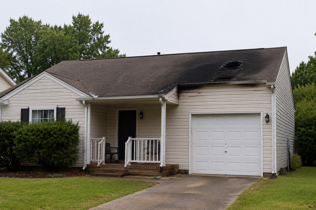 Single-family home in North Carolina with minor fire damage and smoke marks near the roof