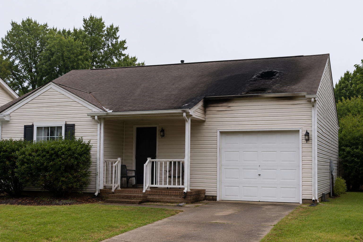 Single-family home in North Carolina with minor fire damage and smoke marks near the roof