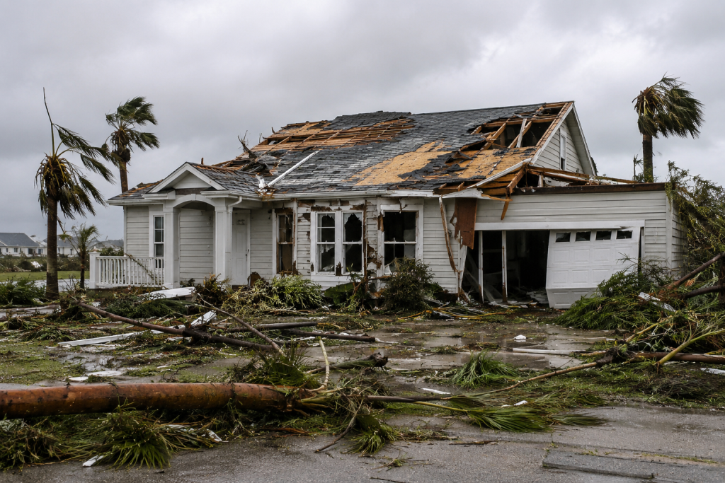 Storm-damaged coastal home in Wilmington, North Carolina with roof destruction, broken windows, fallen trees, and debris after a hurricane.