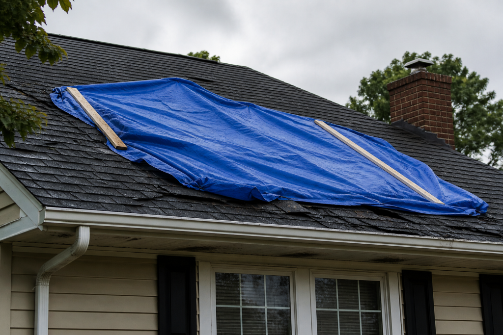 Roof with blue tarp covering leak damage on a house in Wilson, North Carolina during cloudy weather