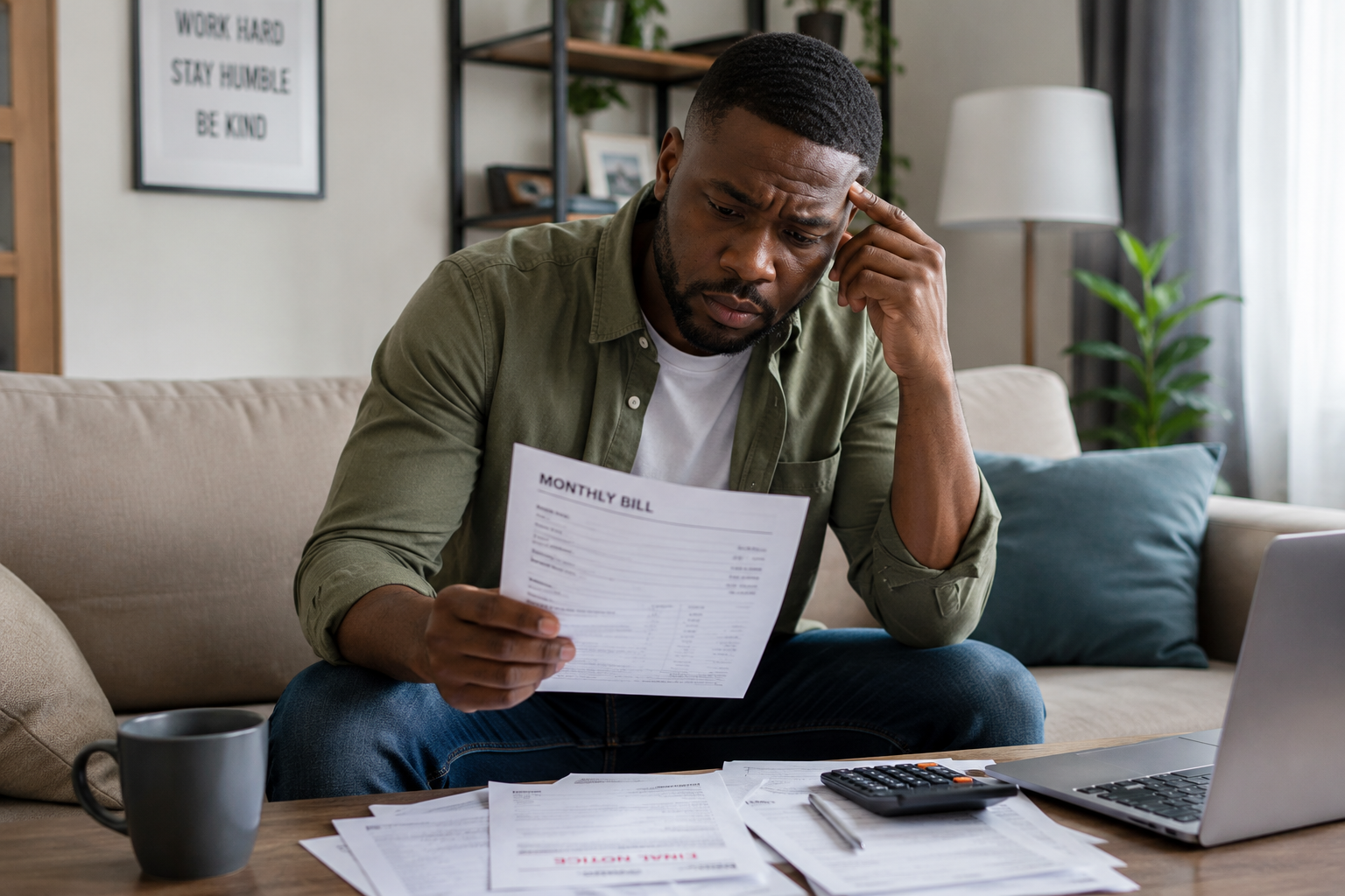Black homeowner sitting in living room reviewing monthly bills and rising homeownership expenses in Apex, NC.