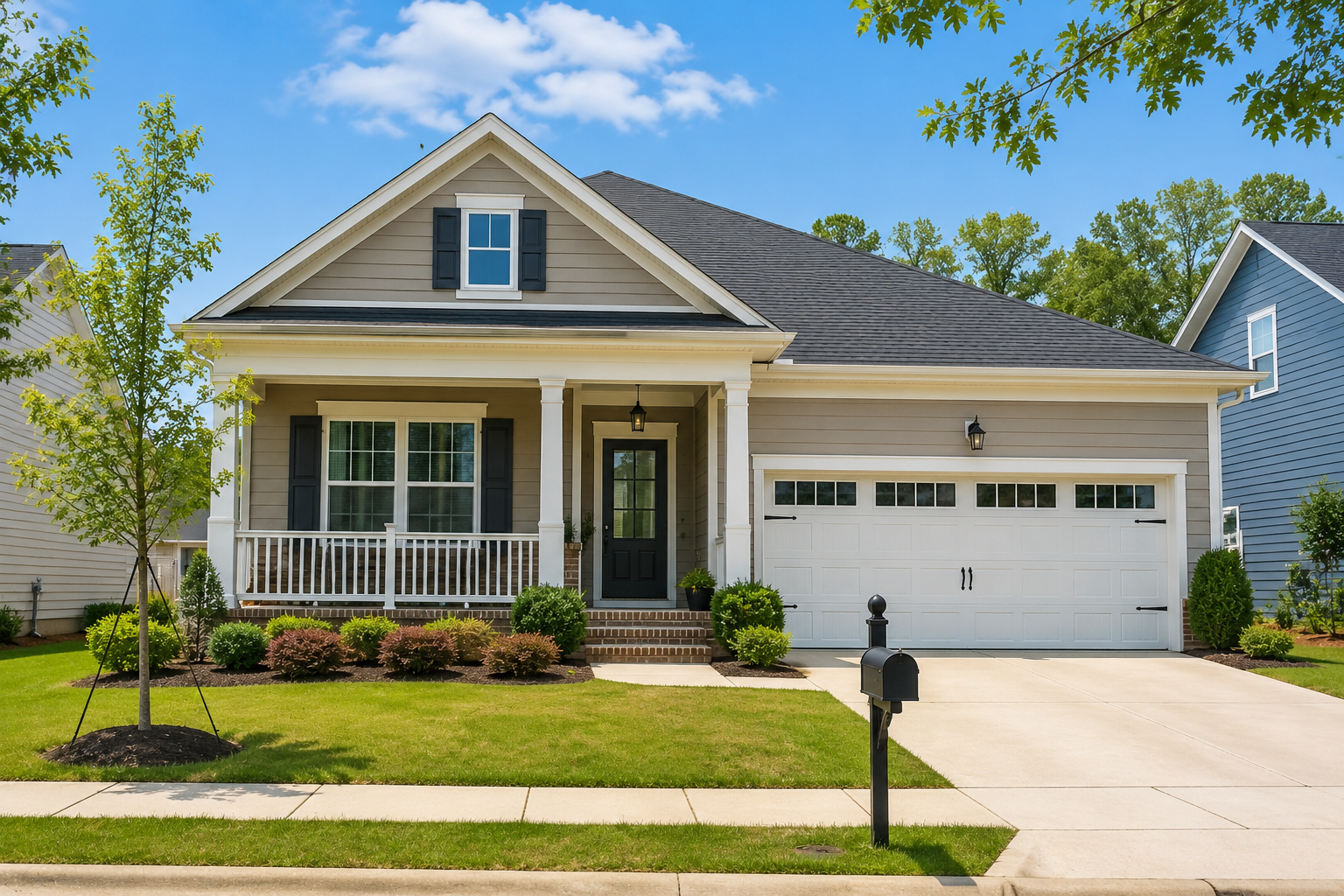 A well-maintained single-family home in Raleigh, NC with a covered front porch, attached two-car garage, manicured lawn, and attractive landscaping. The image represents homeownership in Wake County and the decisions homeowners often face when navigating major life transitions and considering a home sale.