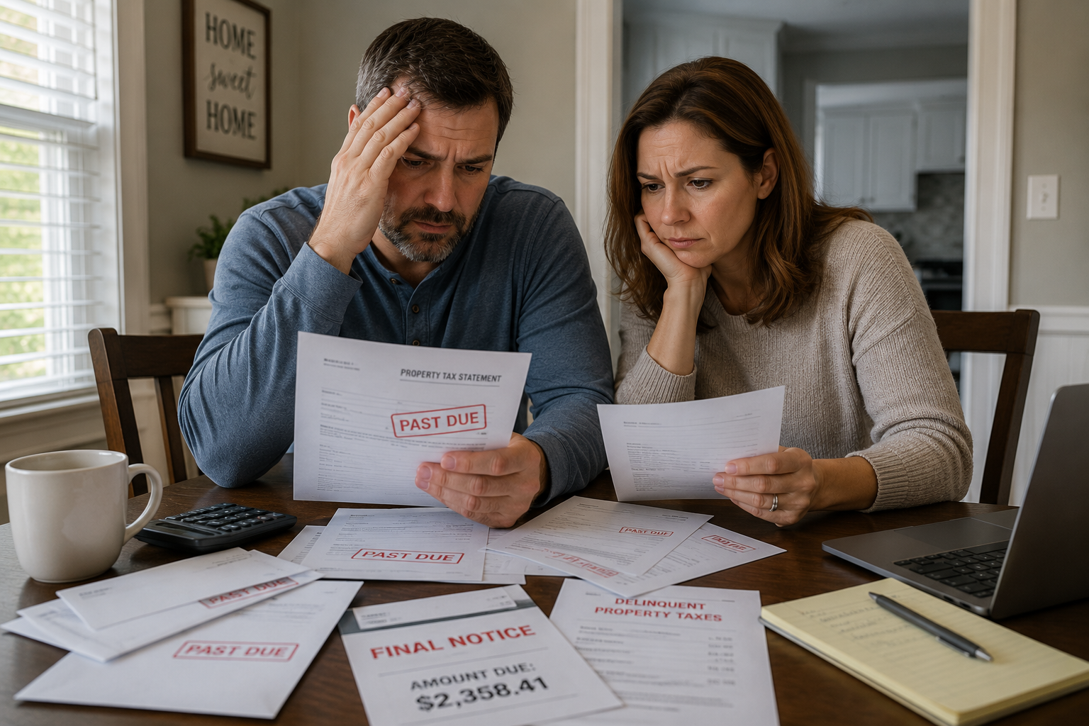 Concerned Greensboro, NC homeowners reviewing overdue property tax bills and tax lien notices at their dining table while discussing options to avoid foreclosure and resolve delinquent property taxes.
